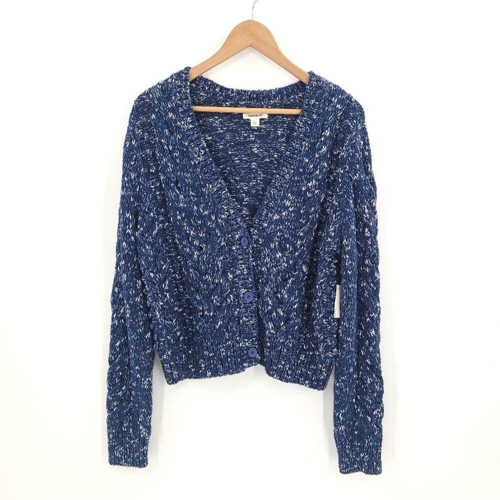 Goodthreads Chunky Cable Knit Cardigan Sweater 3-Button Navy Blue Preppy NWT